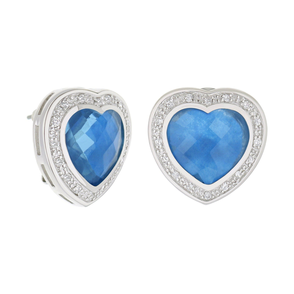 Pair of Lots of Love Button Earrings blue heart-shaped stones with pavé crystals in silver on Tampa Home & Garden Store