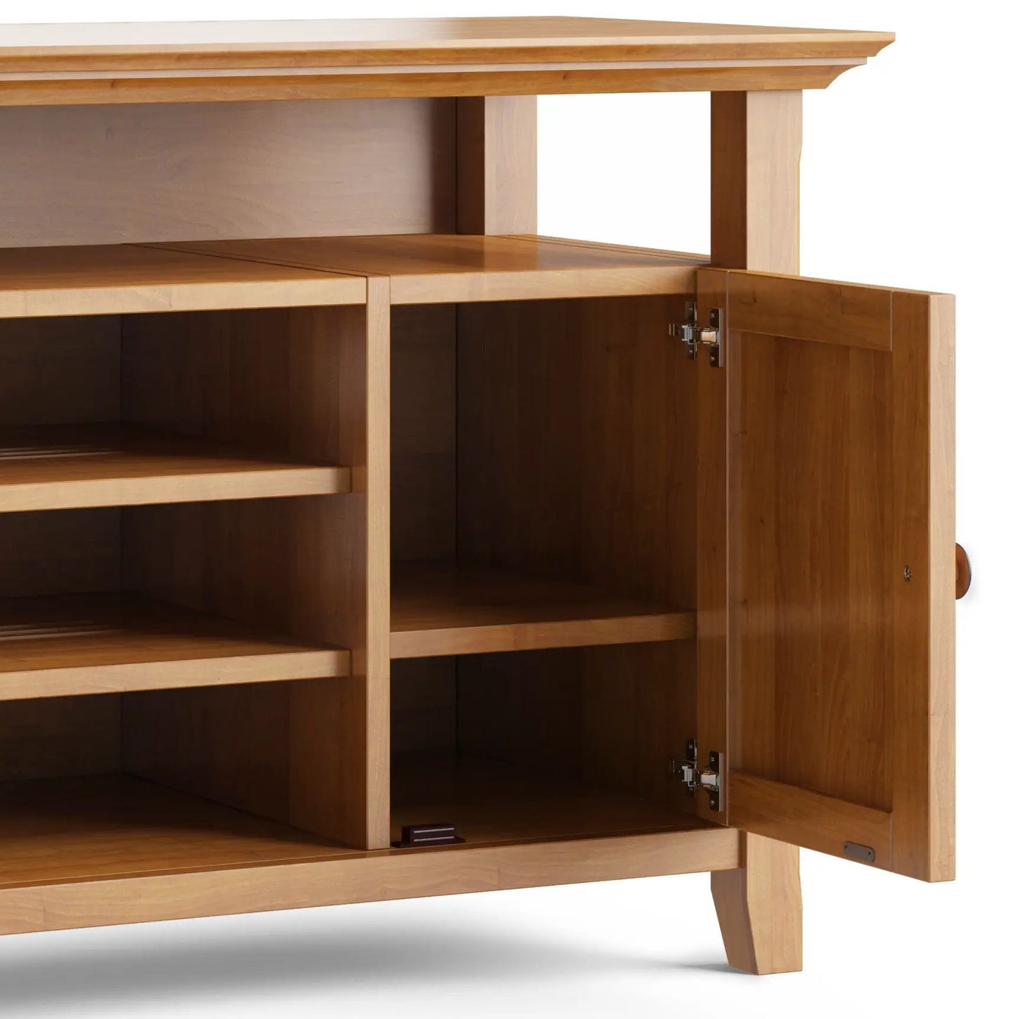 Amherst TV media stand handcrafted in light oak with open right cabinet and multiple shelves on Tampa Home & Garden Store
