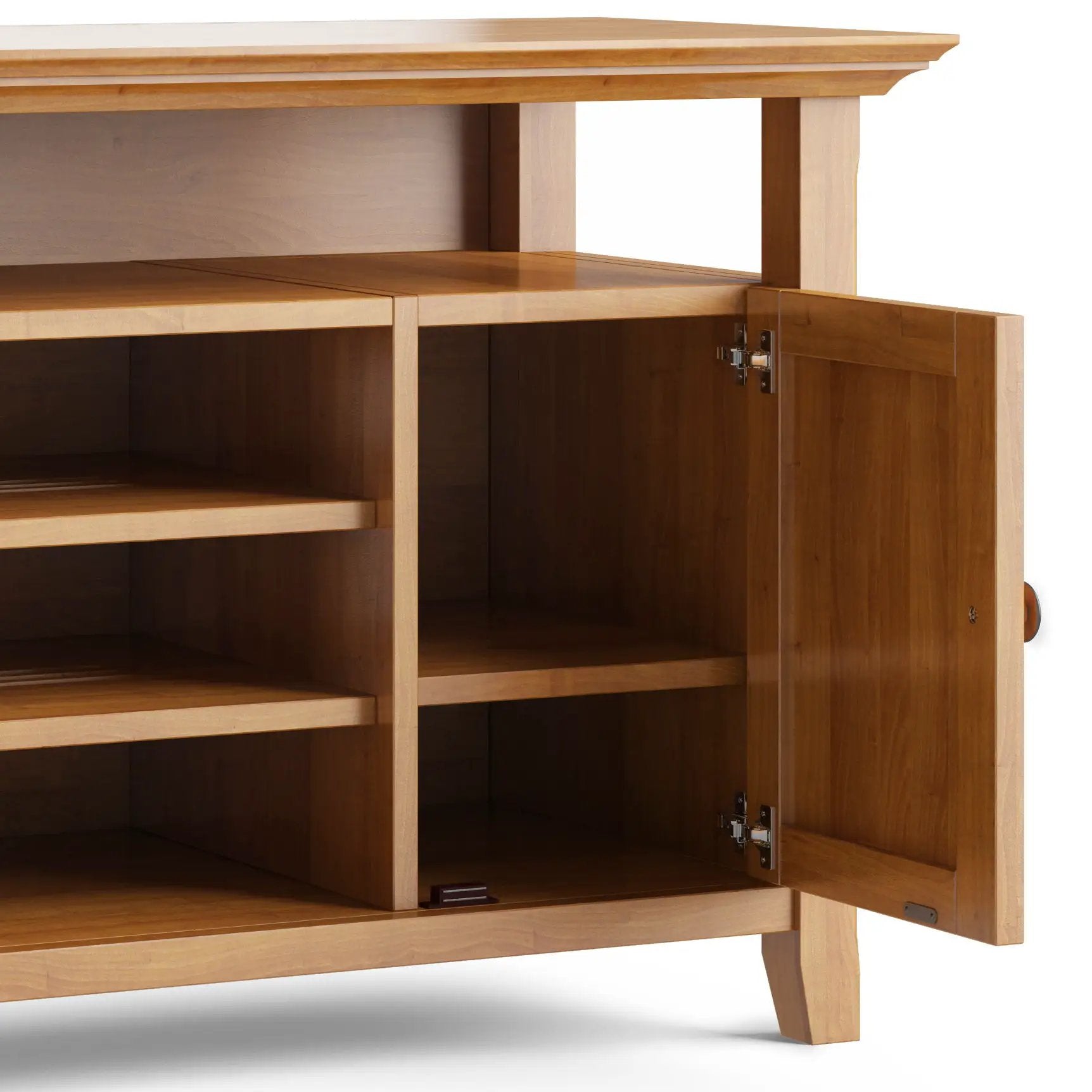 Amherst TV media stand handcrafted in light oak with open right cabinet and multiple shelves on Tampa Home & Garden Store