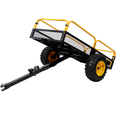 Heavy-Duty tow-behind dump cart with black steel bed and yellow frame HouseOfZazla on Tampa Home & Garden Store
