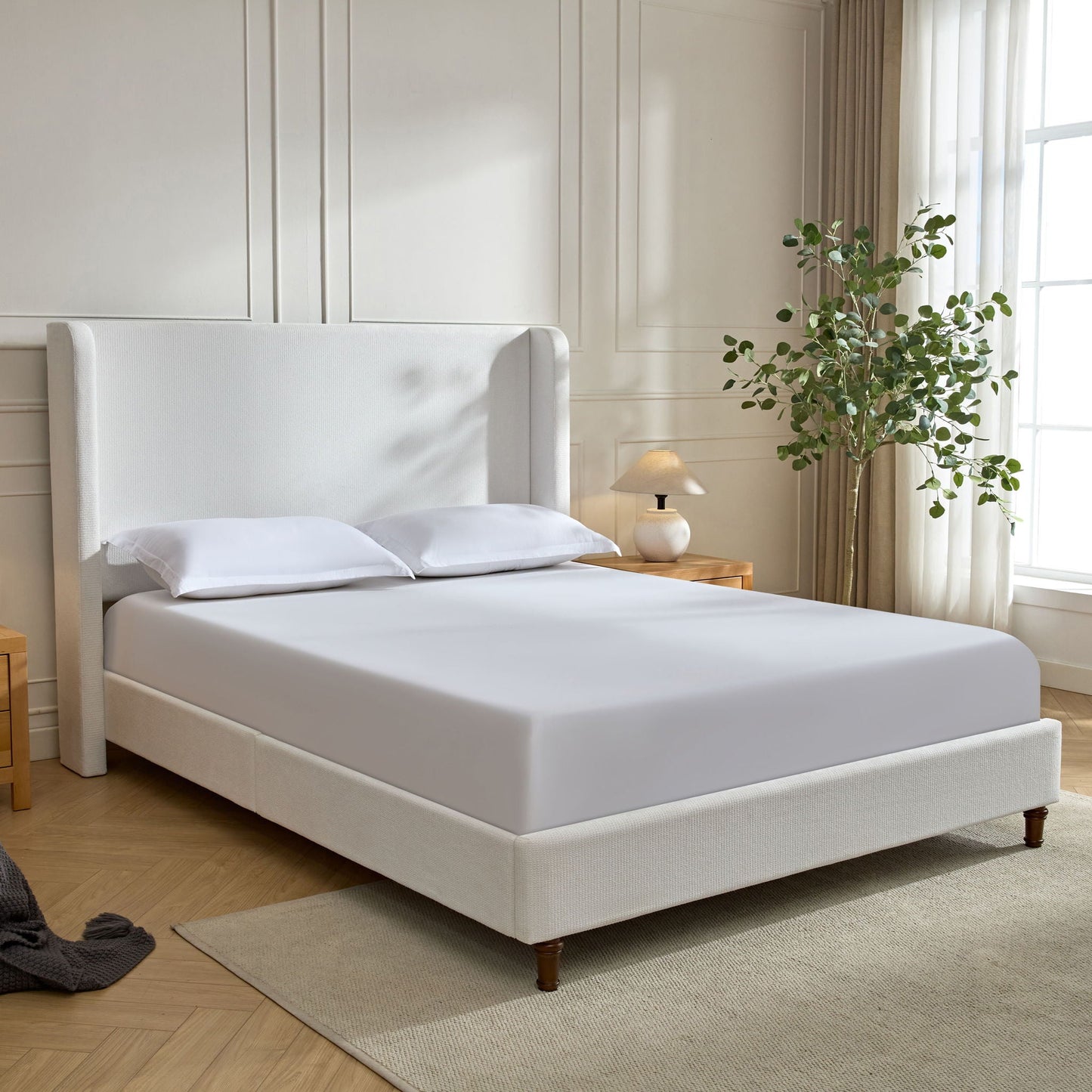 Harper tall upholstered bed with white fabric, high headboard, no box spring on Tampa Home & Garden Store