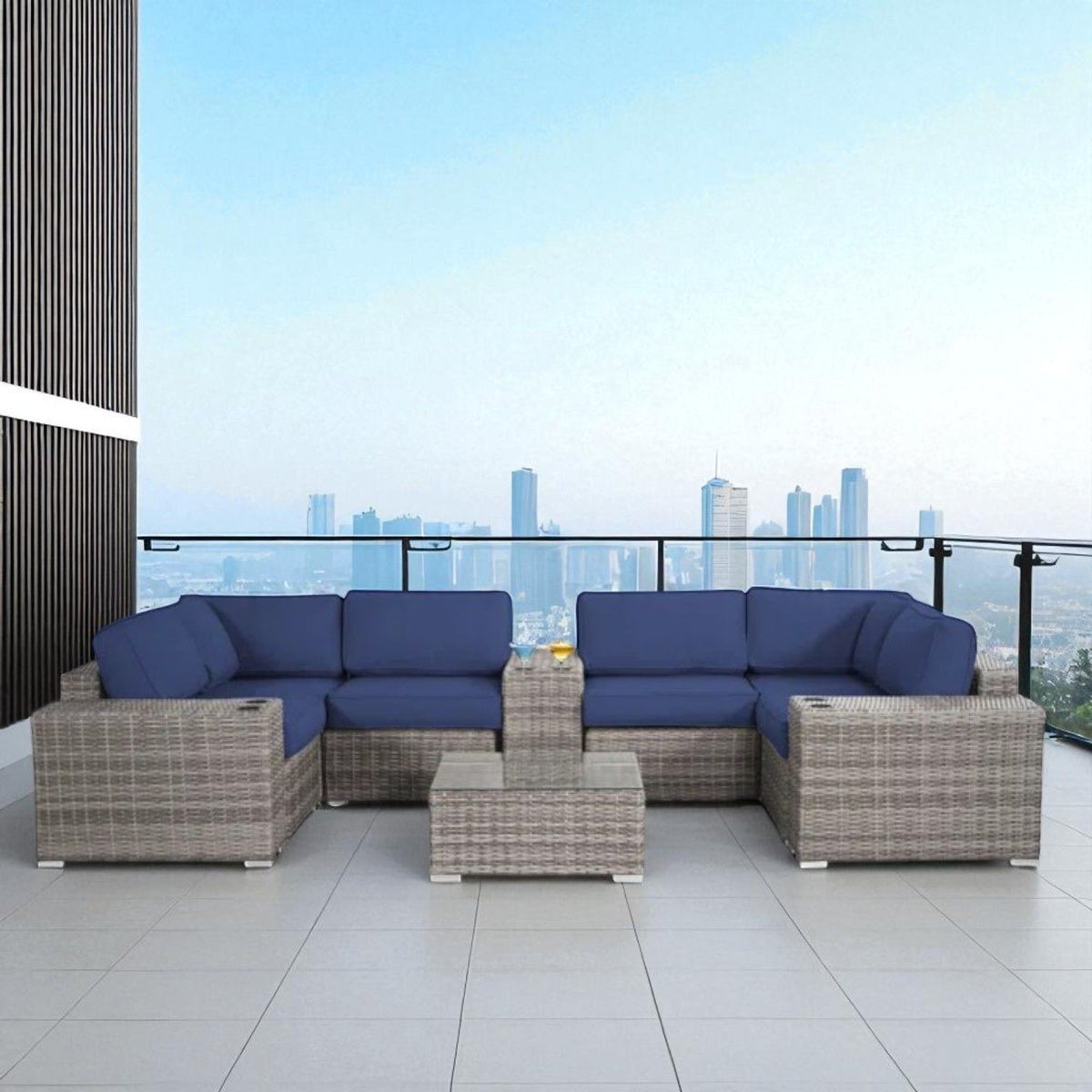 Modern patio rattan sectional set with blue cushions by HouseOfZazla on Tampa Home & Garden Store