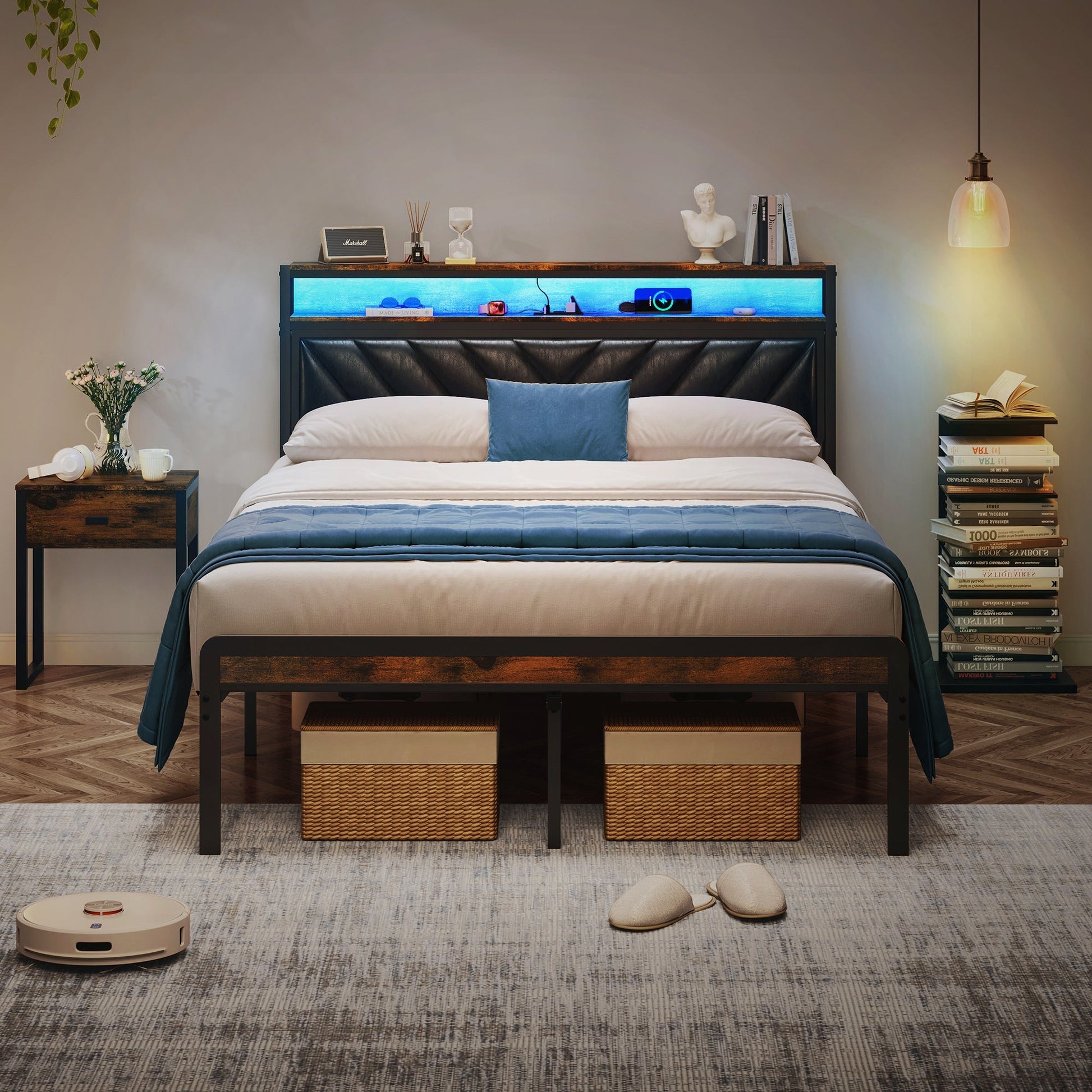 Full-size metal platform bed frame with adjustable tufted black upholstered headboard on Tampa Home & Garden Store