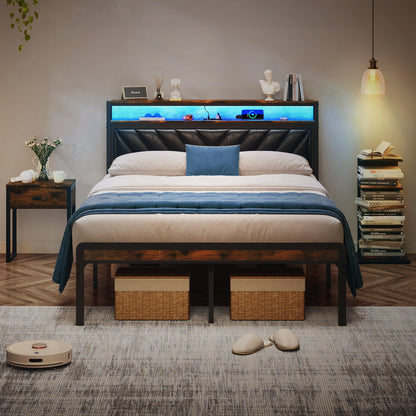 Full-size metal platform bed frame with adjustable tufted black upholstered headboard on Tampa Home & Garden Store