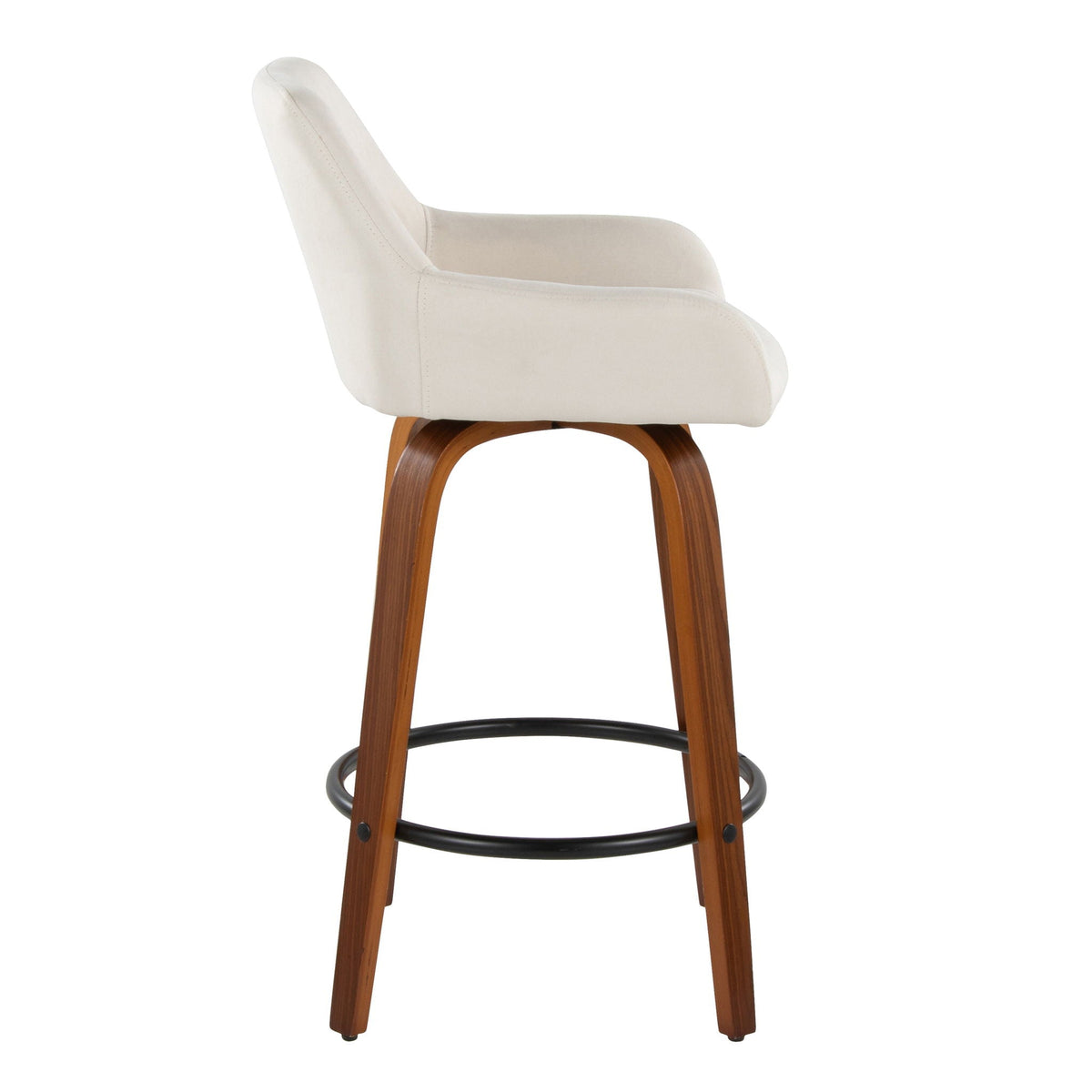 Contemporary fixed-height swivel counter stool in cream upholstery with footrest and wooden legs on Tampa Home & Garden Store