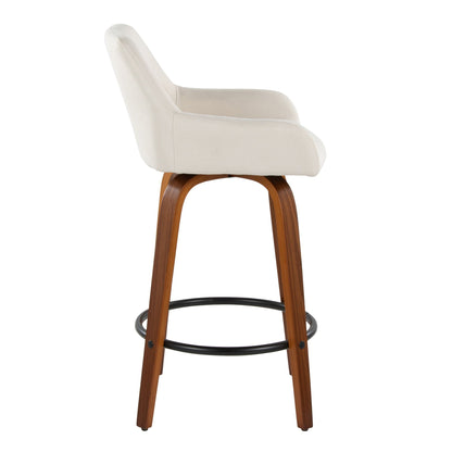 Contemporary fixed-height swivel counter stool in cream upholstery with footrest and wooden legs on Tampa Home & Garden Store