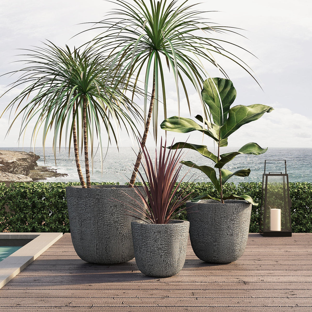 U_STYLE Lightweight MGO Planter Set of 3 by HouseOfZazla in gray textured concrete pots on Tampa Home & Garden Store
