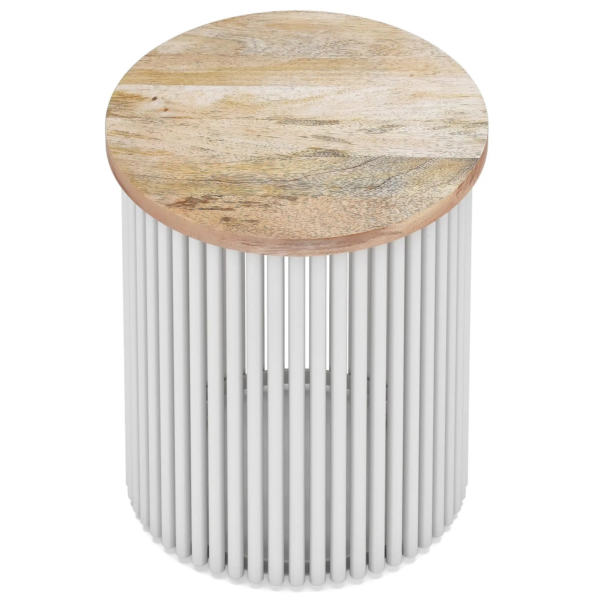 Demy Handcrafted Metal Accent Table round natural wood top with white base on Tampa Home & Garden Store