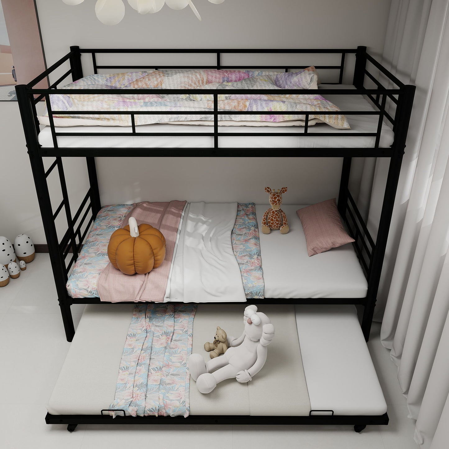 Metal Convertible Bunk Bed Frame with Guardrail