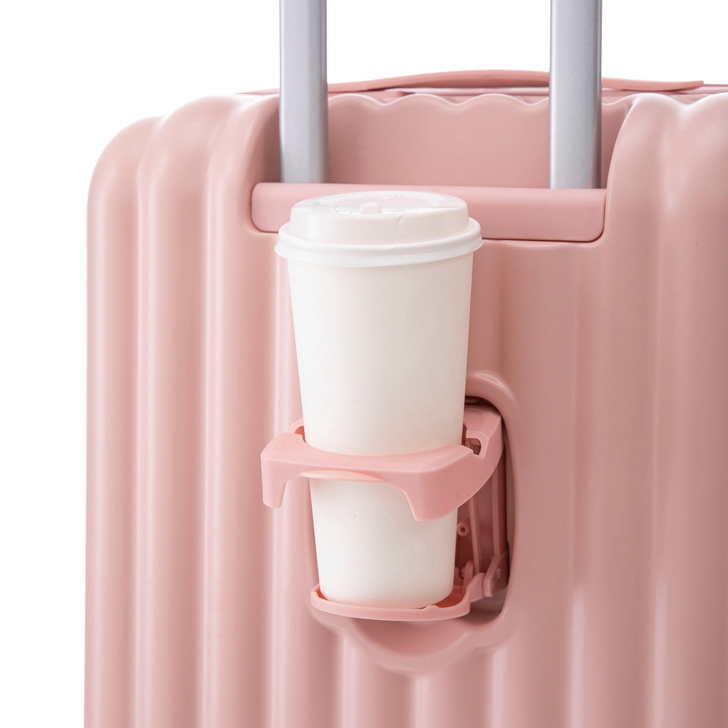 HouseOfZazla pink spinner luggage carry-on with cup holder attached to the handle on Tampa Home & Garden Store