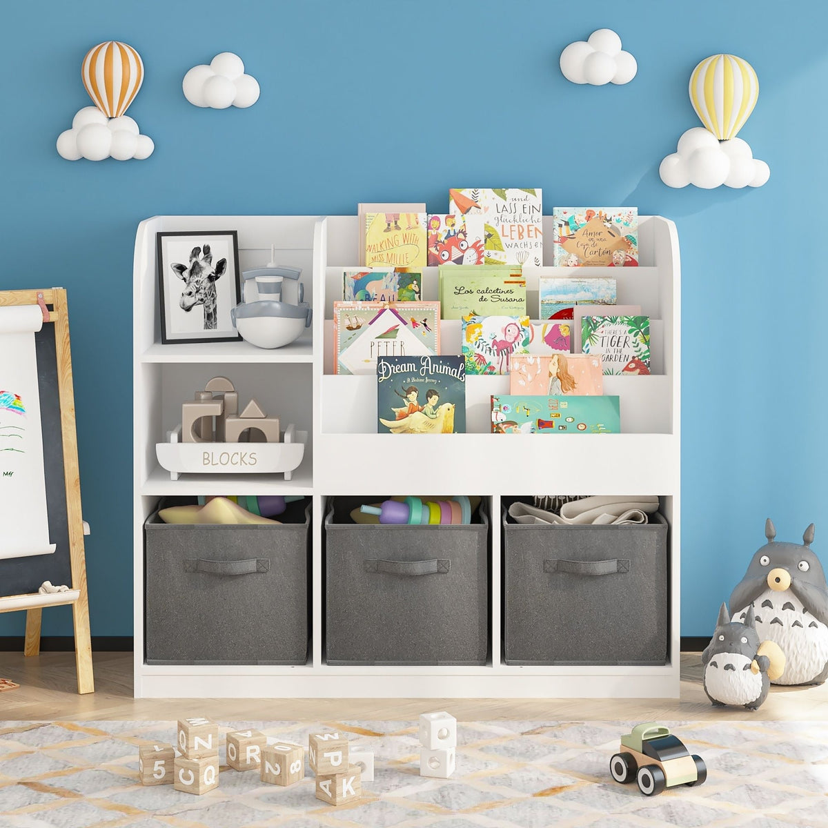 Bookcase and Bookshelf by HouseOfZazla with 3 gray collapsible drawers and kids book display on Tampa Home & Garden Store