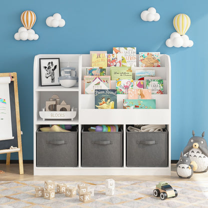 Bookcase and Bookshelf by HouseOfZazla with 3 gray collapsible drawers and kids book display on Tampa Home & Garden Store