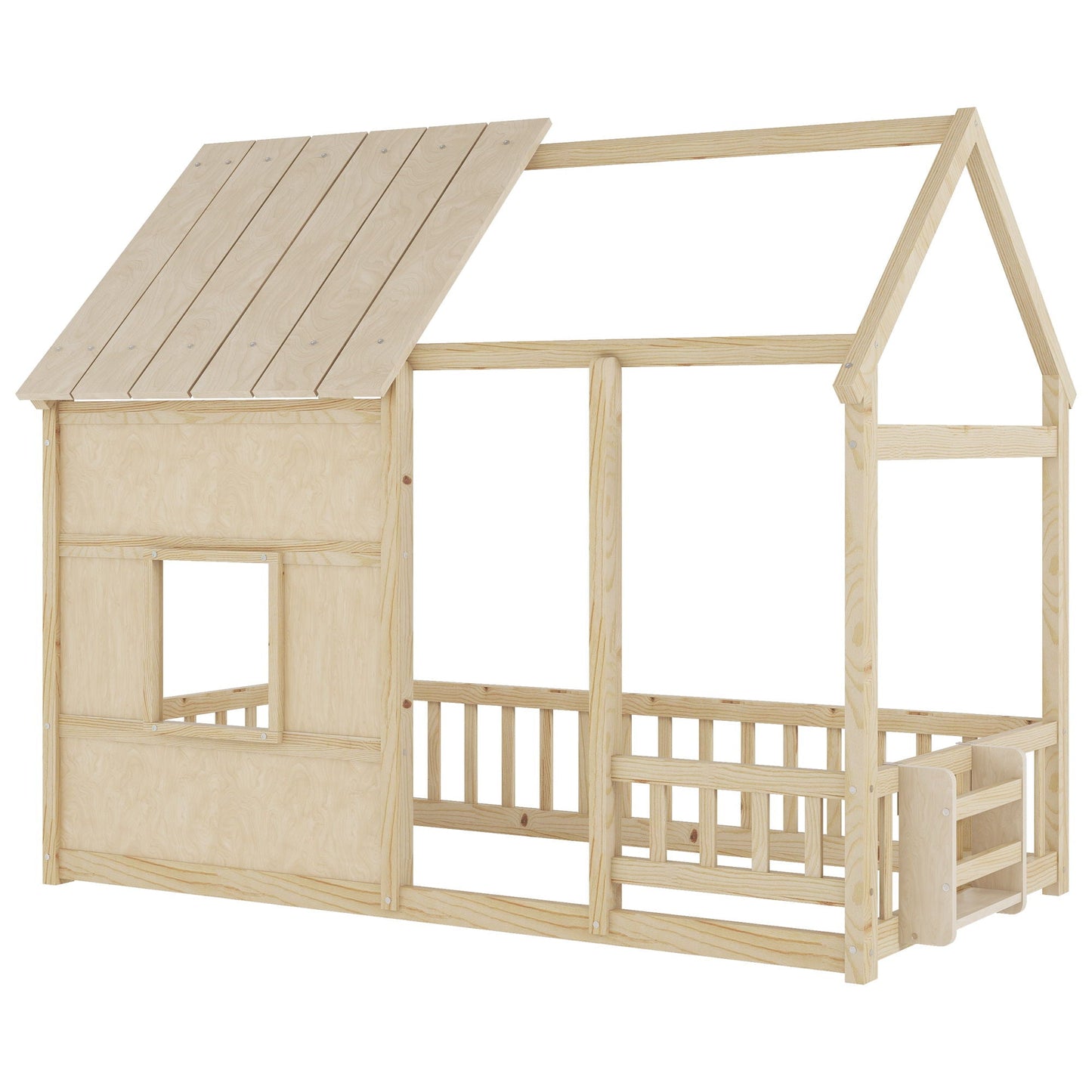 Cozy House Kids Bed with Led Lights and Bookshelf