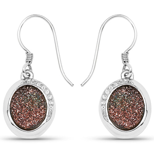 Earrings 4.72ct copper bloom drusy oval with white topaz halo in .925 sterling silver, pair on Tampa Home & Garden Store