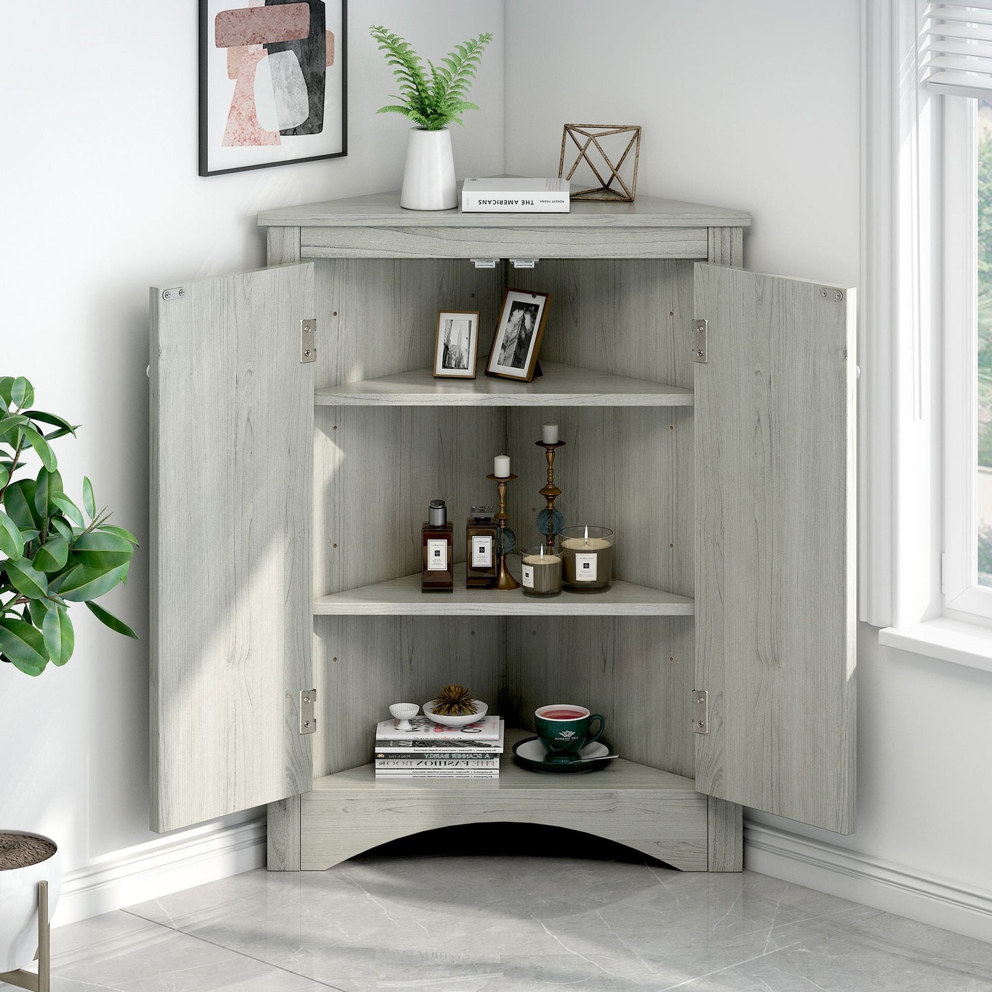 Triangle bathroom storage cabinet with adjustable shelves in gray woodgrain finish on Tampa Home & Garden Store