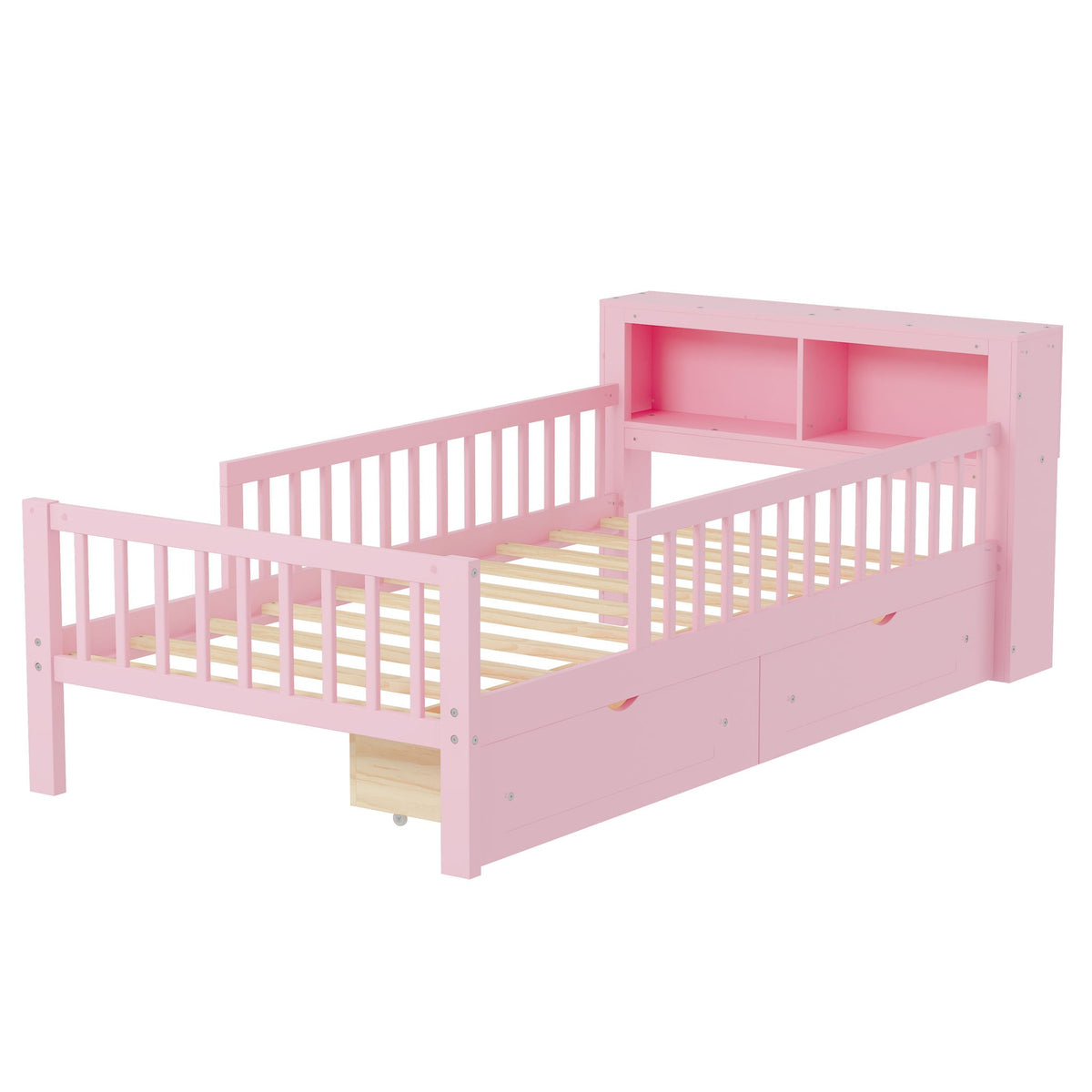 Pink wooden storage bed with headboard storage rack, two under-bed drawers, and guardrails on Tampa Home & Garden Store