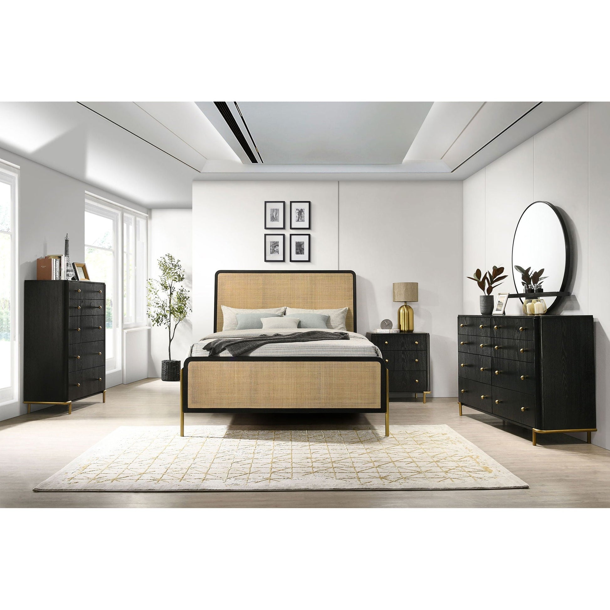 Anser - Bed panel platform bed in black with woven beige headboard by HouseOfZazla on Tampa Home & Garden Store