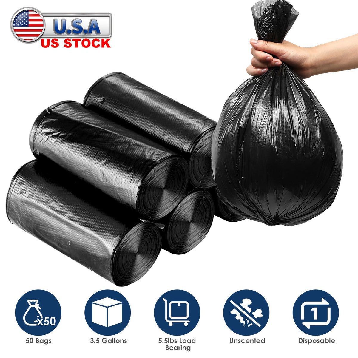 GemGear black garbage bags in roll packs, hand holding a filled unscented bag, 50 bags on Tampa Home & Garden Store