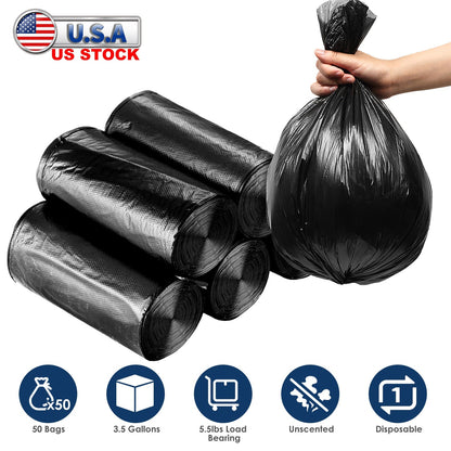 GemGear black garbage bags in roll packs, hand holding a filled unscented bag, 50 bags on Tampa Home & Garden Store