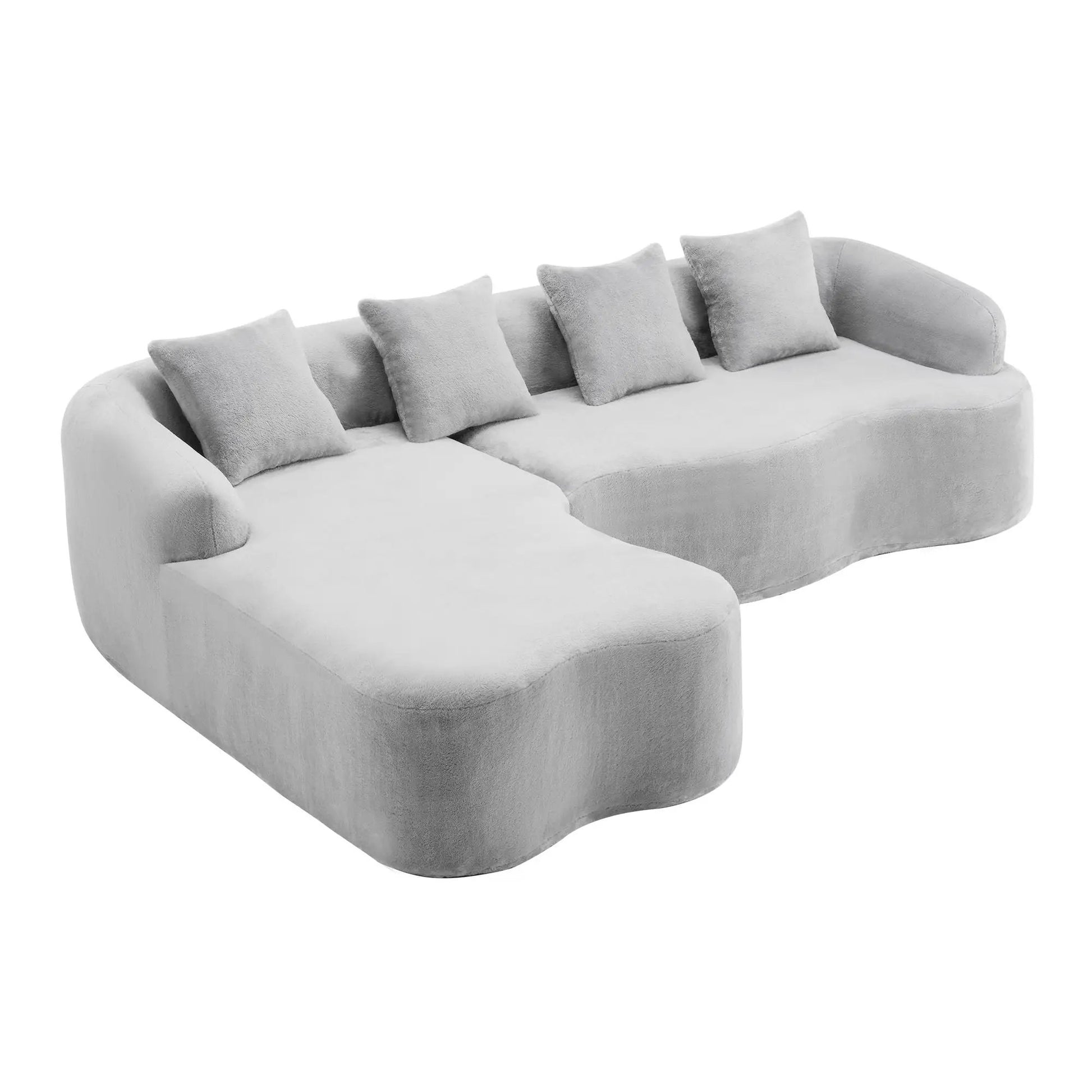Modular L-Shape Sectional Sofa With Curved Chaise in light gray velvet fabric with five cushions on curved arms on Tampa Home & Garden Store
