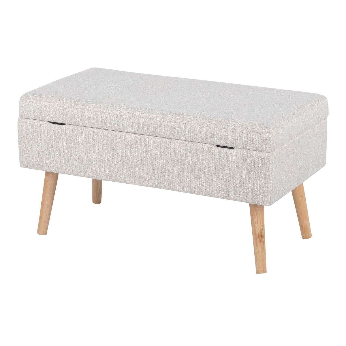 Contemporary storage bench with flip-top lid, beige fabric, light wood legs on Tampa Home & Garden Store
