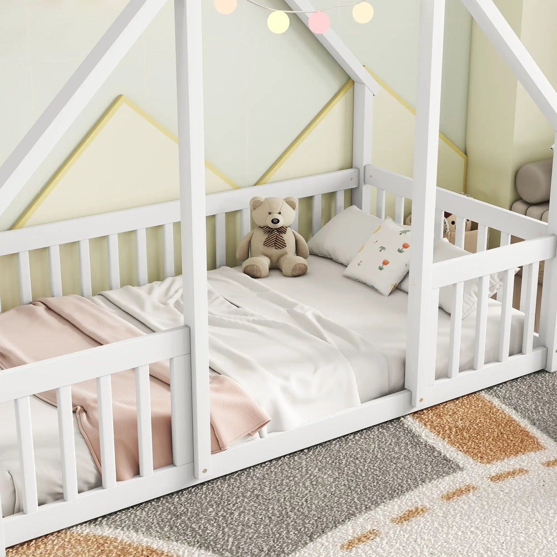 Wood house-shaped floor bed with white guardrails, toddler bed Unique Piece Furniture on Tampa Home & Garden Store