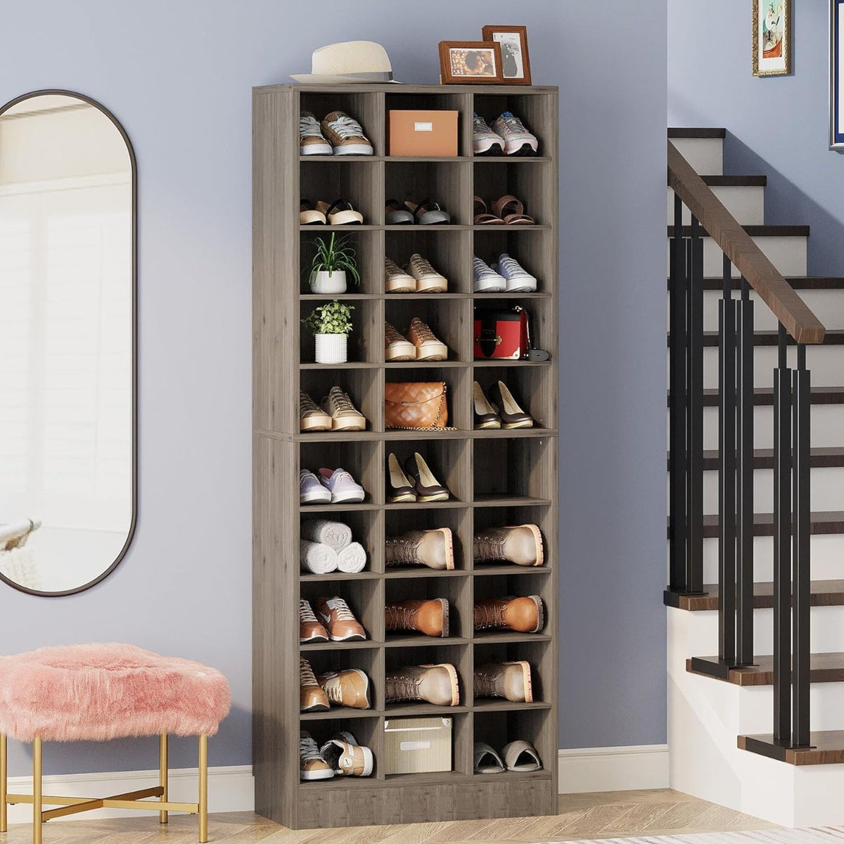 10 Tier Shoe Storage Cabinet with 30 cubbies in wood, by HouseOfZazla, organized shoes on Tampa Home & Garden Store