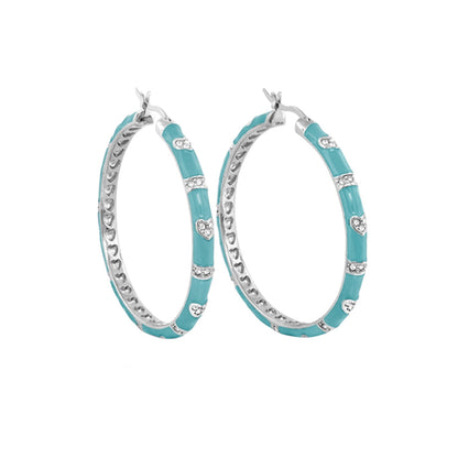 Pave Love Earrings turquoise enamel hoop with pavé heart accents on silver-tone hoops on Tampa Home & Garden Store