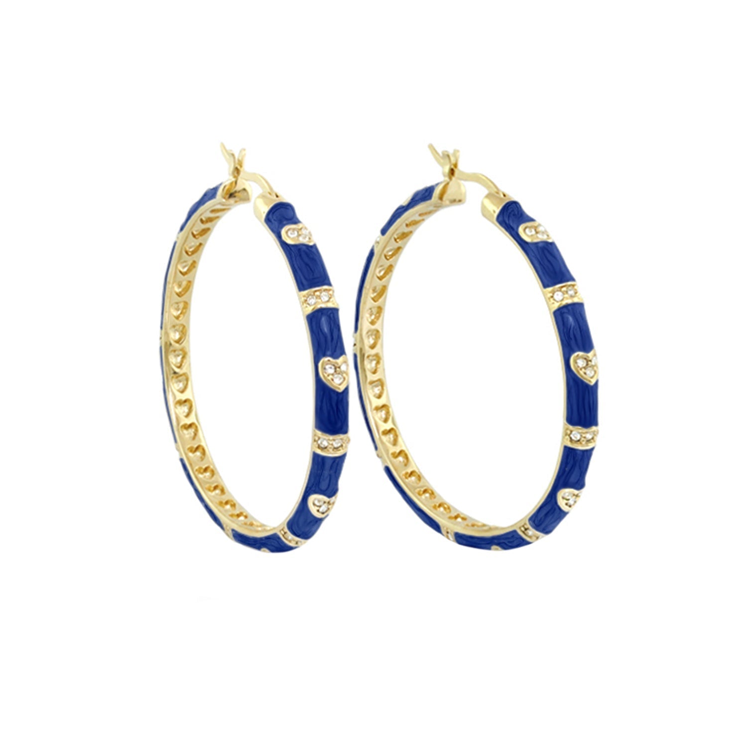 Pave Love Earrings, gold hoop pair with blue enamel segments and pavé crystals on Tampa Home & Garden Store