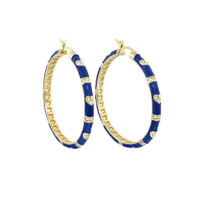 Pave Love Earrings, gold hoop pair with blue enamel segments and pavé crystals on Tampa Home & Garden Store