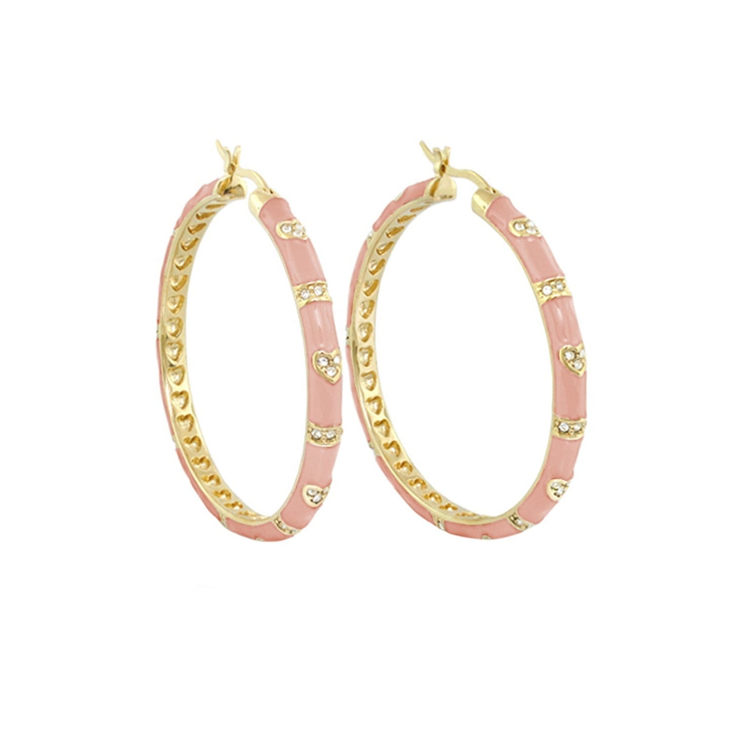 Pave Love Earrings, pink enamel gold-tone hoop earrings with pavé heart accents on Tampa Home & Garden Store