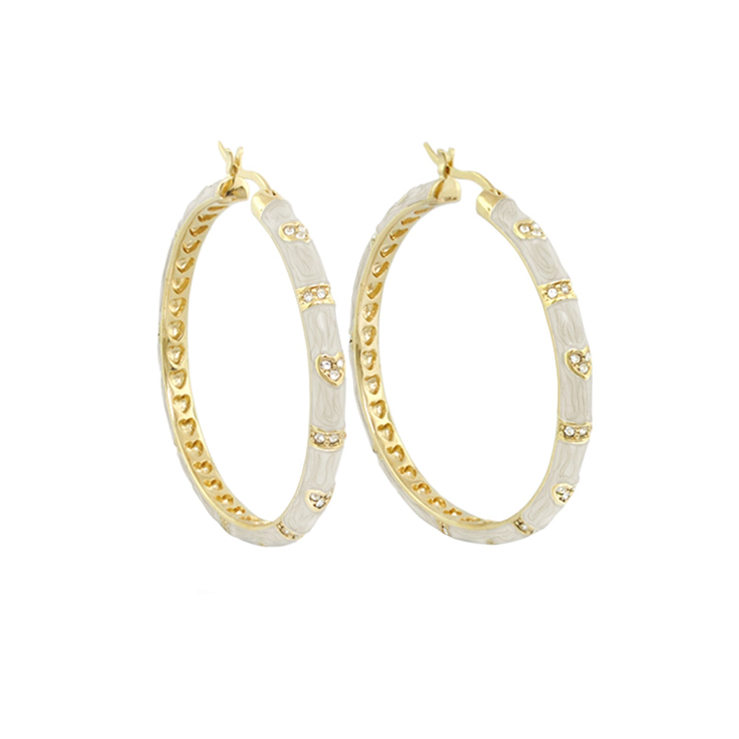 Pave Love Earrings pair by Lauren G Adams, gold and white enamel hoops with pavé hearts on Tampa Home & Garden Store