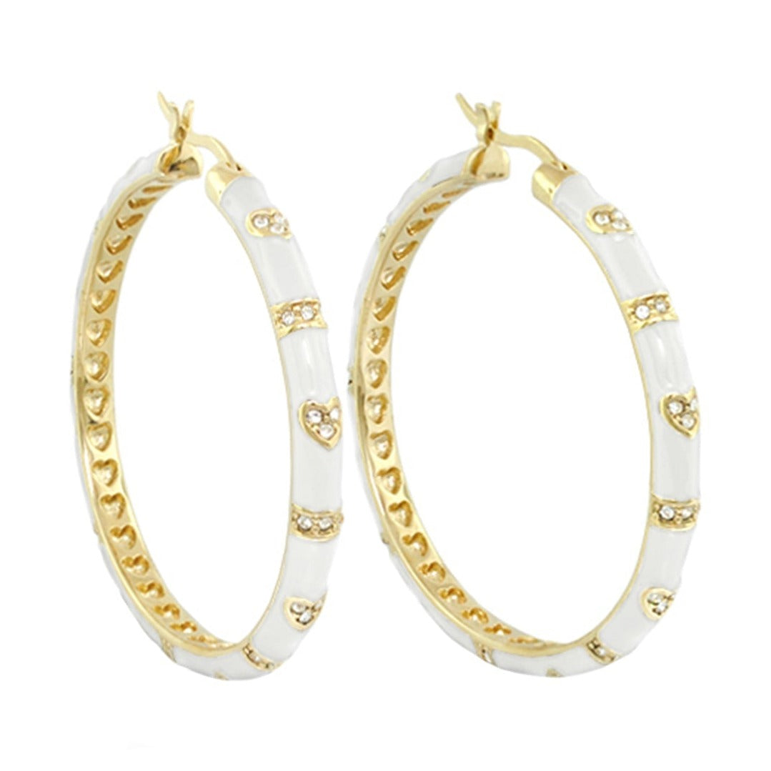 Pave Love Earrings pair: gold-tone hoops with white enamel segments and pavé heart accents on Tampa Home & Garden Store