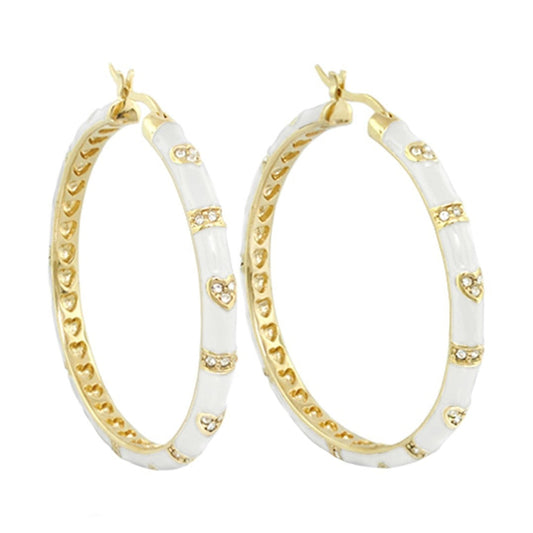 Pave Love Earrings pair: gold-tone hoops with white enamel segments and pavé heart accents on Tampa Home & Garden Store