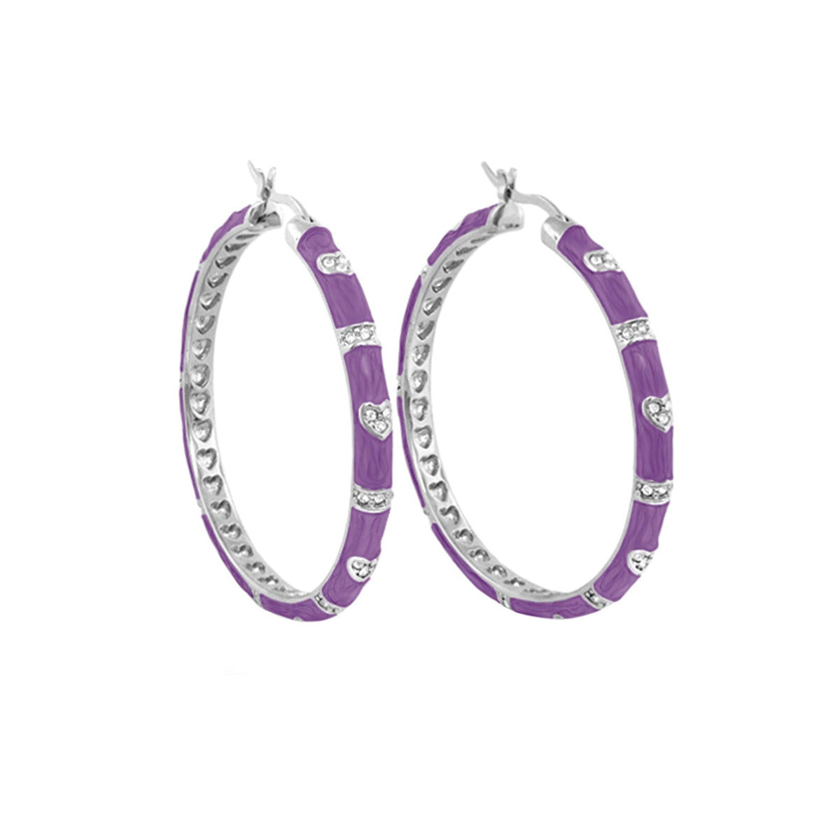 Pave Love Earrings by Lauren G Adams, purple enamel hoops with silver pavé heart accents on Tampa Home & Garden Store