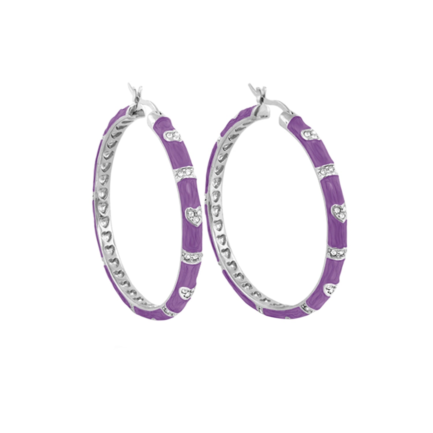 Pave Love Earrings by Lauren G Adams, purple enamel hoops with silver pavé heart accents on Tampa Home & Garden Store