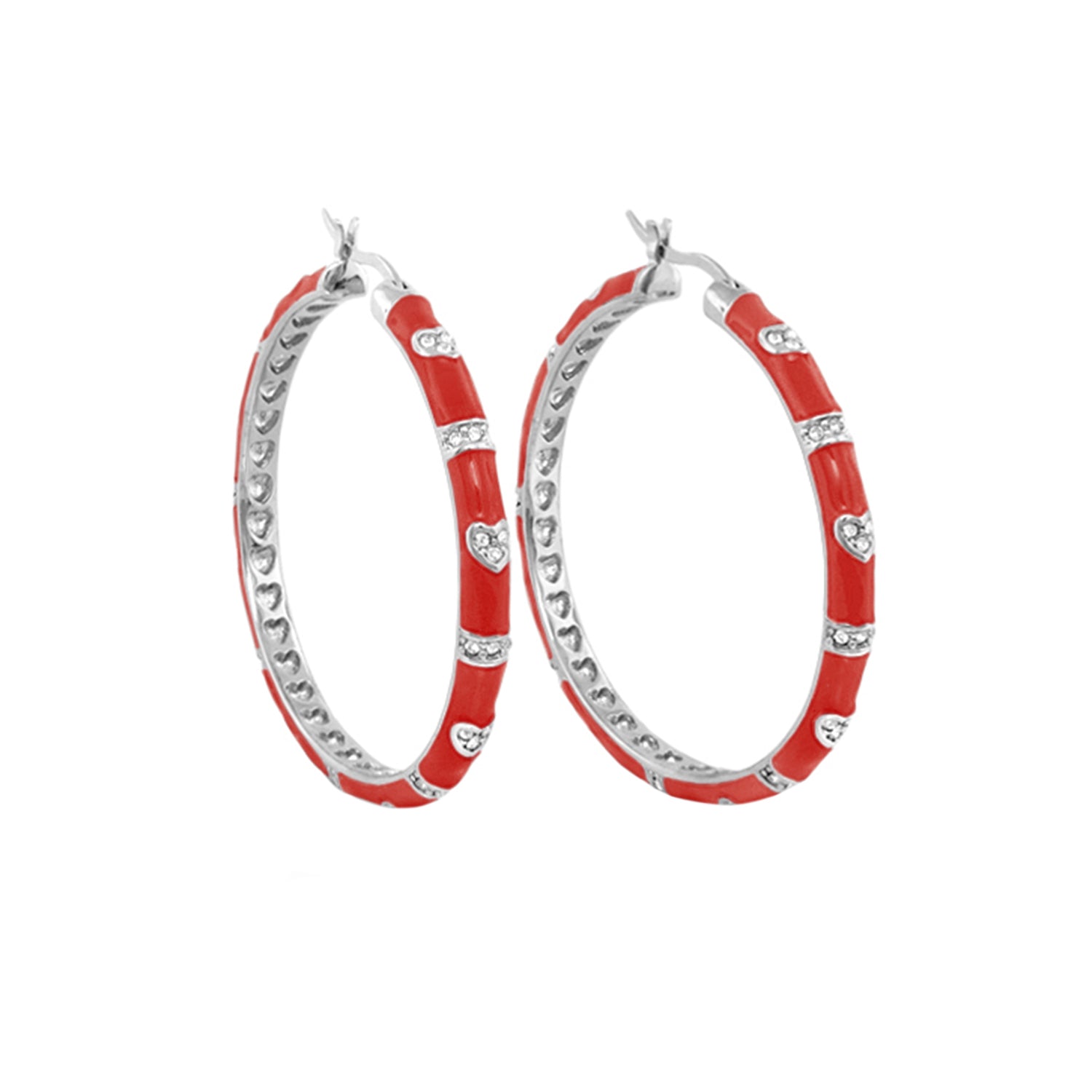 Pave Love Earrings red enamel and silver hoop pair with pave heart accents on Tampa Home & Garden Store