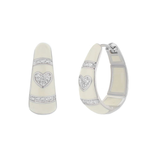 Pair of Pave Love Earrings by Lauren G Adams in white enamel hoop with pavé stripe and heart on Tampa Home & Garden Store