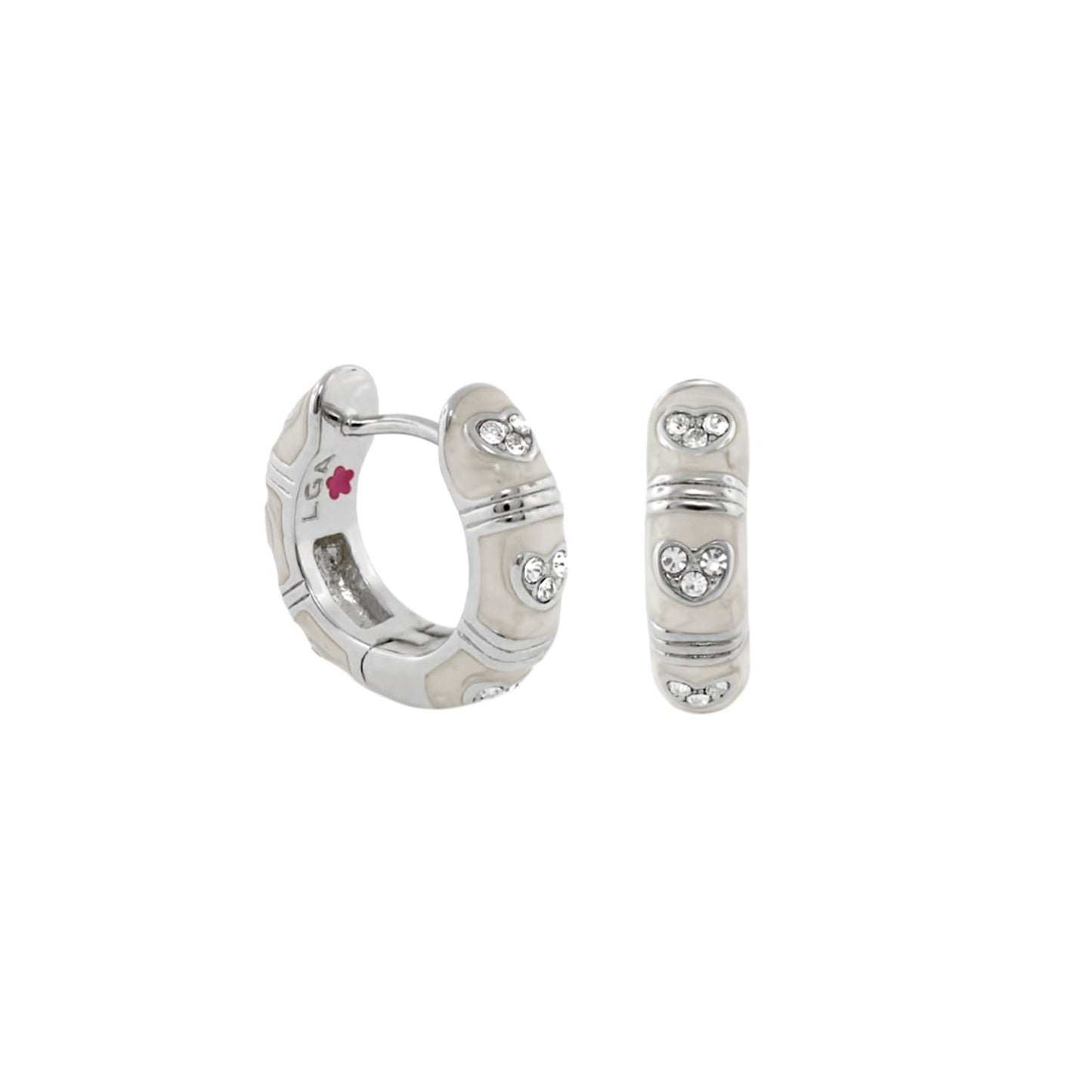 Pave Love enamel huggie earrings pair, silver tone with crystal pavé hearts, Lauren G Adams on Tampa Home & Garden Store