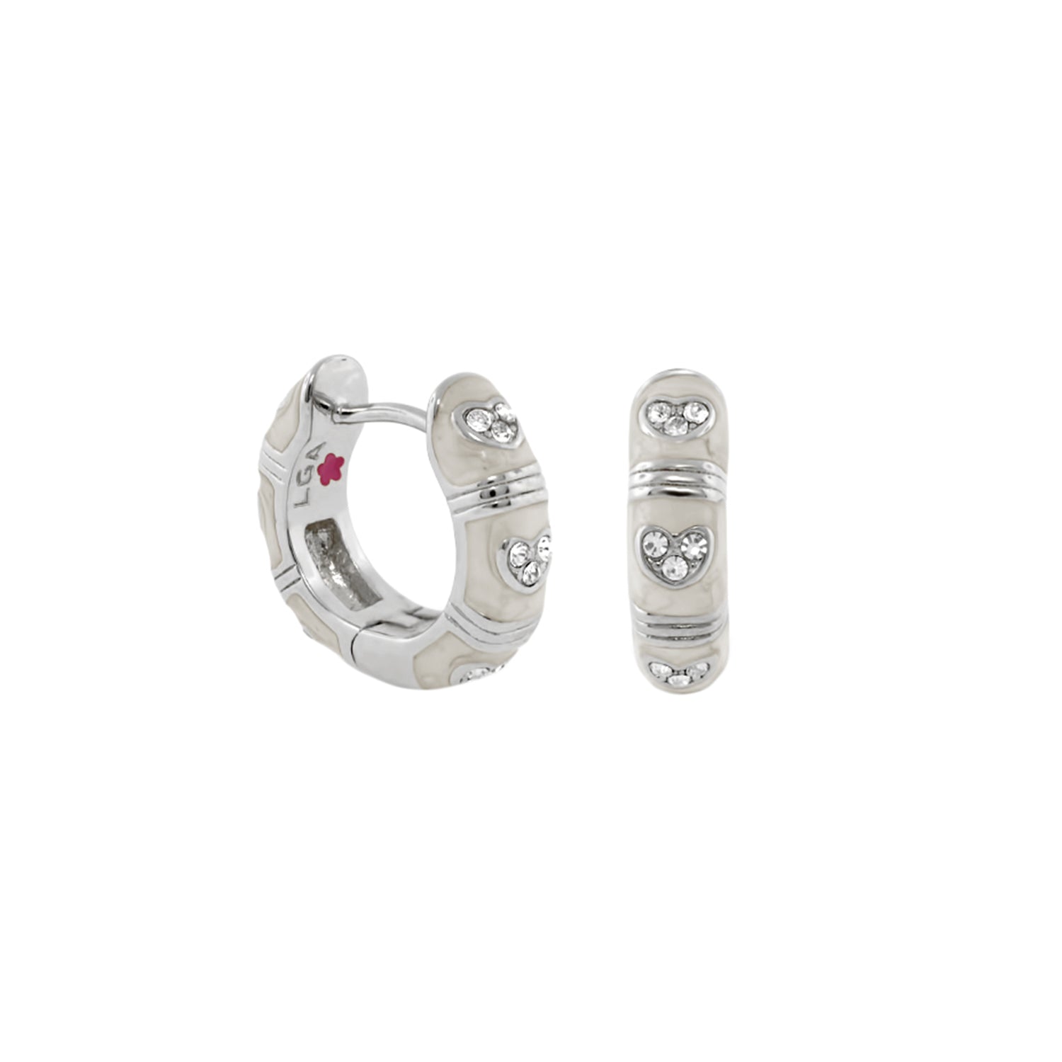Pave Love enamel huggie earrings pair, silver tone with crystal pavé hearts, Lauren G Adams on Tampa Home & Garden Store