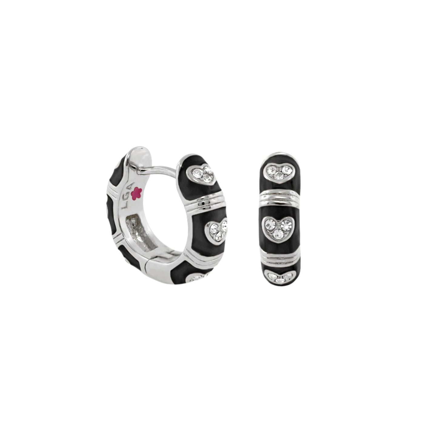 Pave Love enamel huggie earrings by Lauren G Adams, black enamel with pavé hearts, pair on Tampa Home & Garden Store
