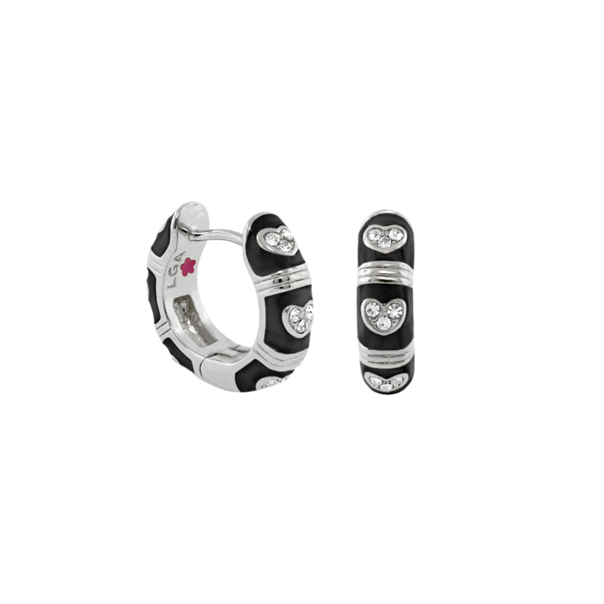 Pave Love enamel huggie earrings by Lauren G Adams, black enamel with pavé hearts, pair on Tampa Home & Garden Store