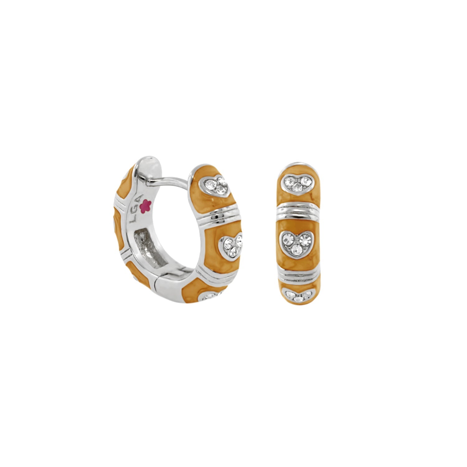 Pave Love enamel huggie earrings pair in orange enamel with crystal heart accents, Lauren G Adams on Tampa Home & Garden Store