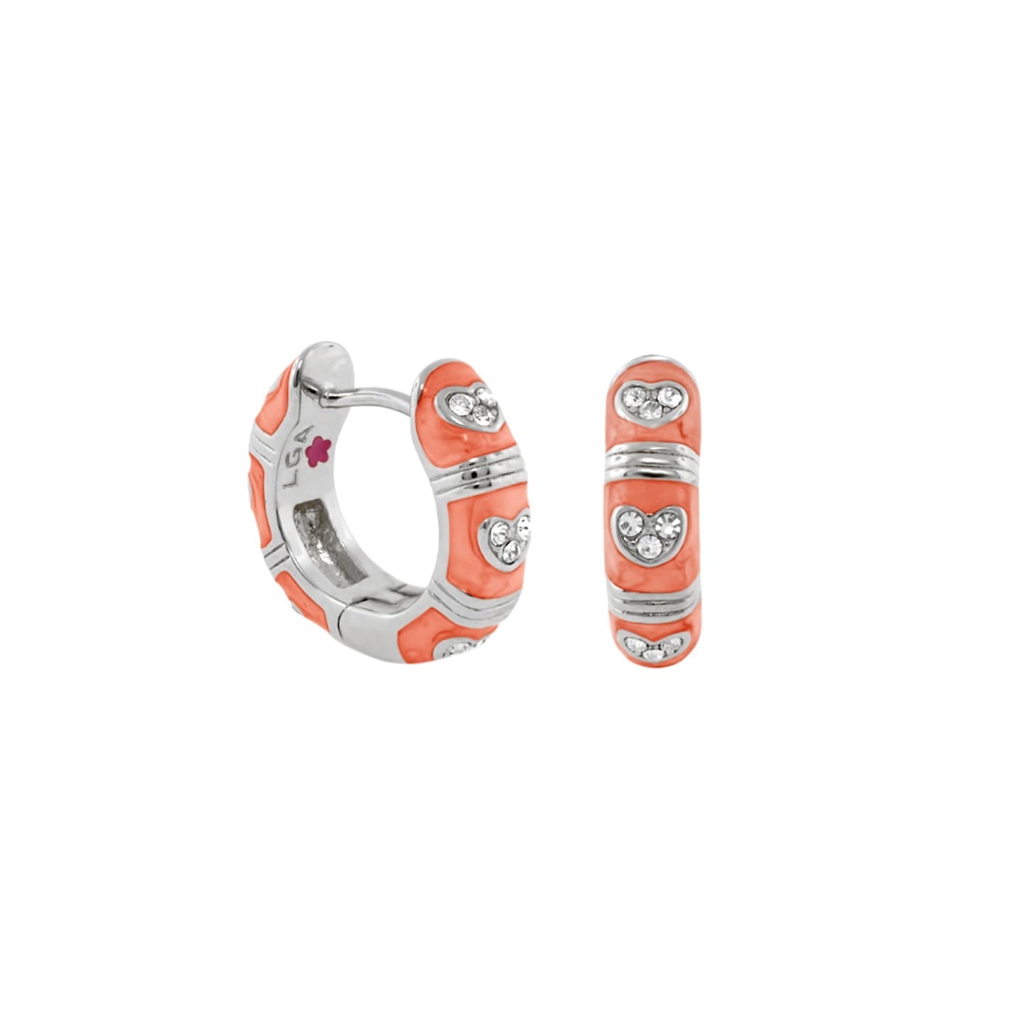 Pave Love enamel huggie earrings coral pair with pave heart crystals by Lauren G Adams on Tampa Home & Garden Store