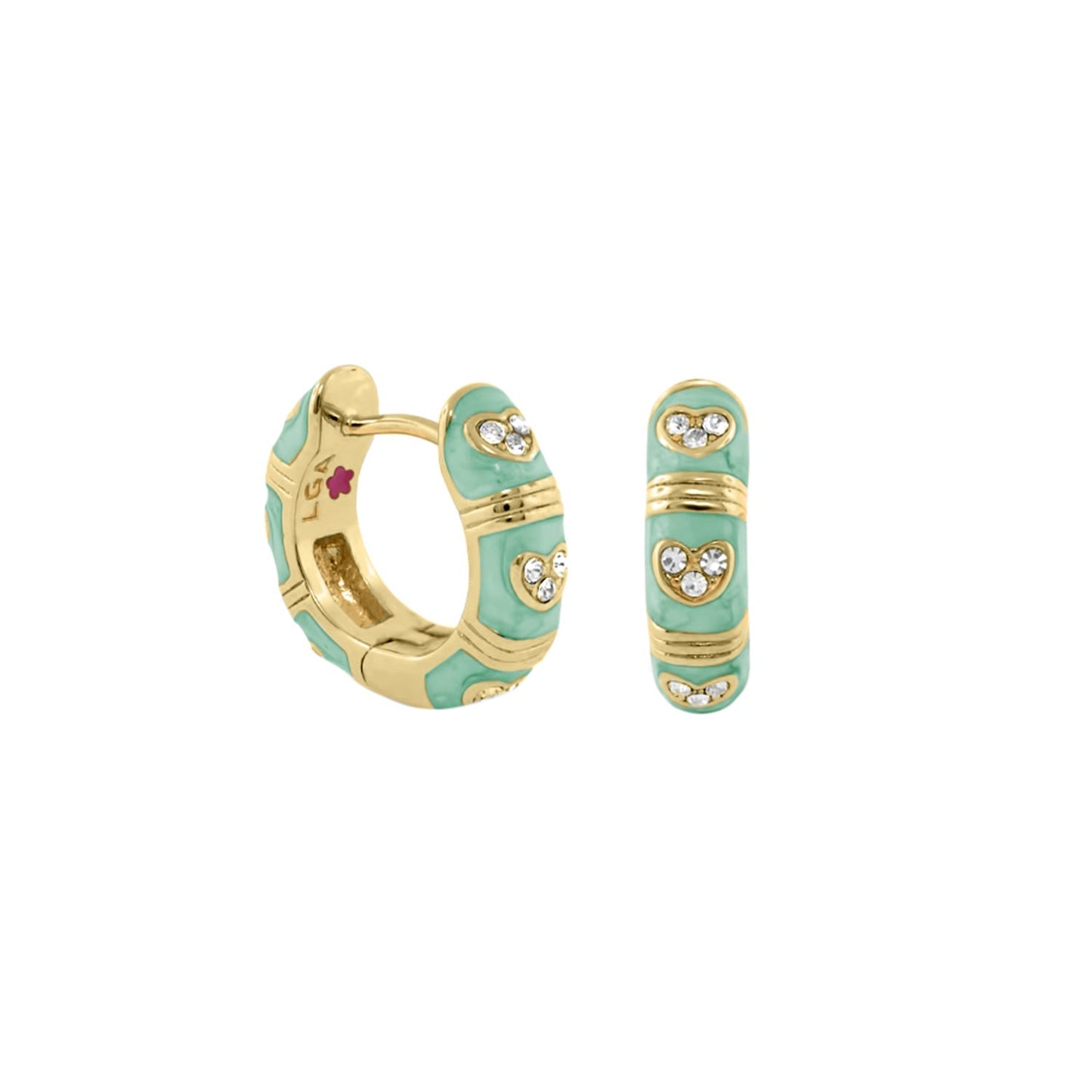 Pave Love enamel huggie earrings turquoise with gold-tone bands and pavé crystals LG Adams on Tampa Home & Garden Store