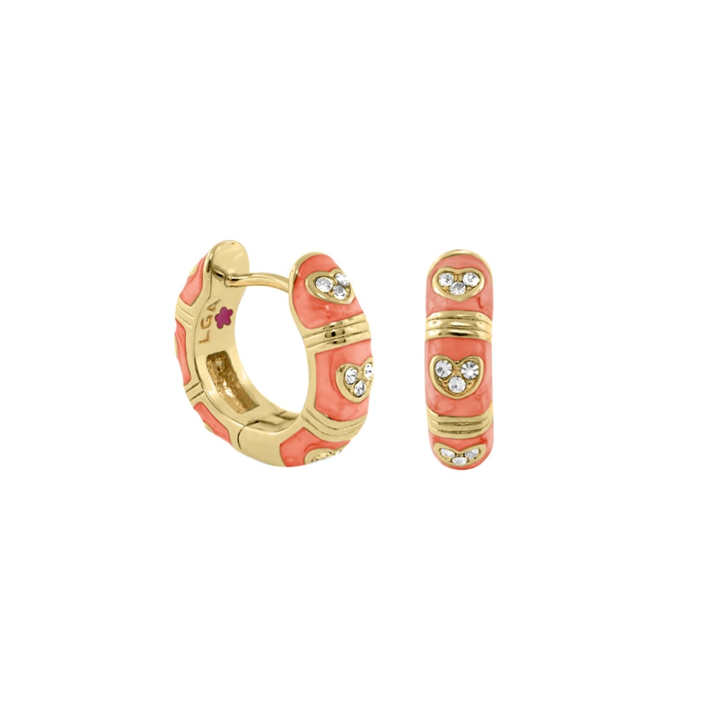 Pave Love Enamel Huggie Earrings by Lauren G Adams, gold-tone pink enamel with pavé stones on Tampa Home & Garden Store