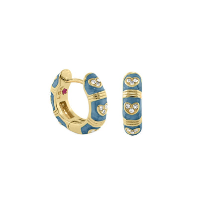 Pave Love enamel huggie earrings pair, blue enamel hoops with crystal hearts, Lauren G Adams on Tampa Home & Garden Store