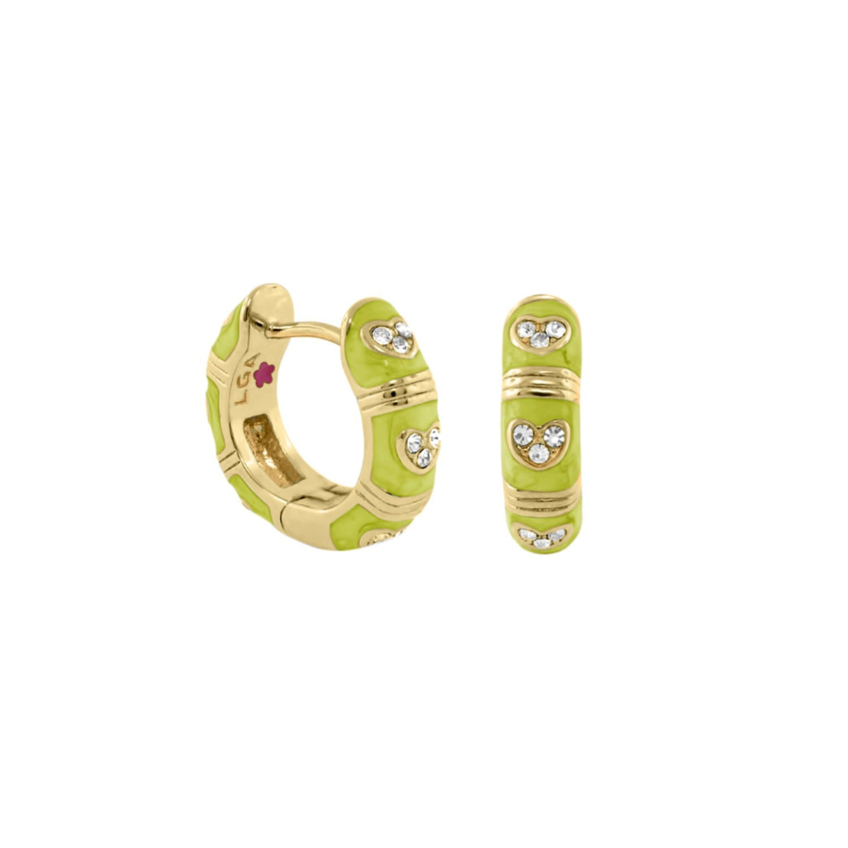 Pave Love Enamel Huggie earrings lime green with gold bands and crystal hearts by Lauren G Adams on Tampa Home & Garden Store
