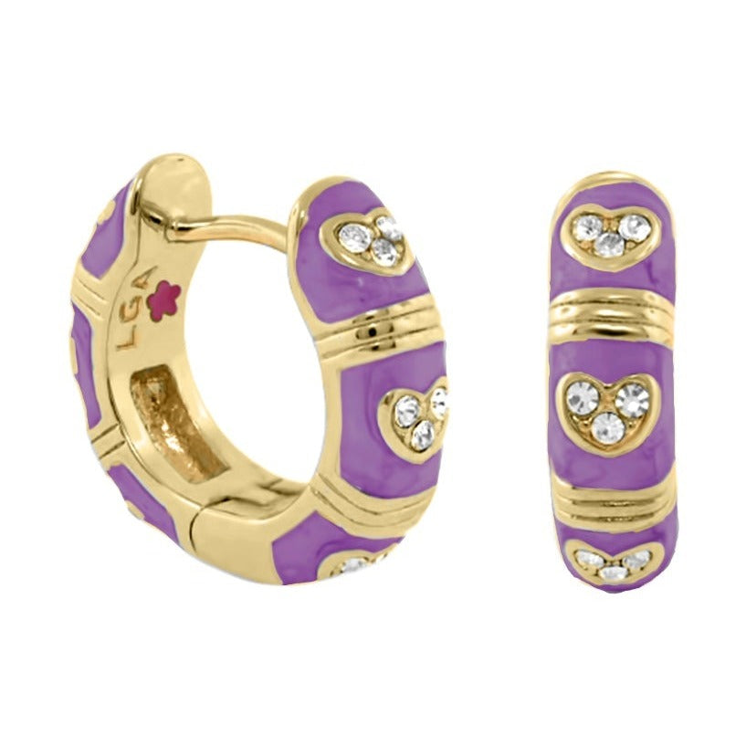 Pave Love Earrings purple enamel gold huggie hoops with crystal hearts by Lauren G Adams on Tampa Home & Garden Store