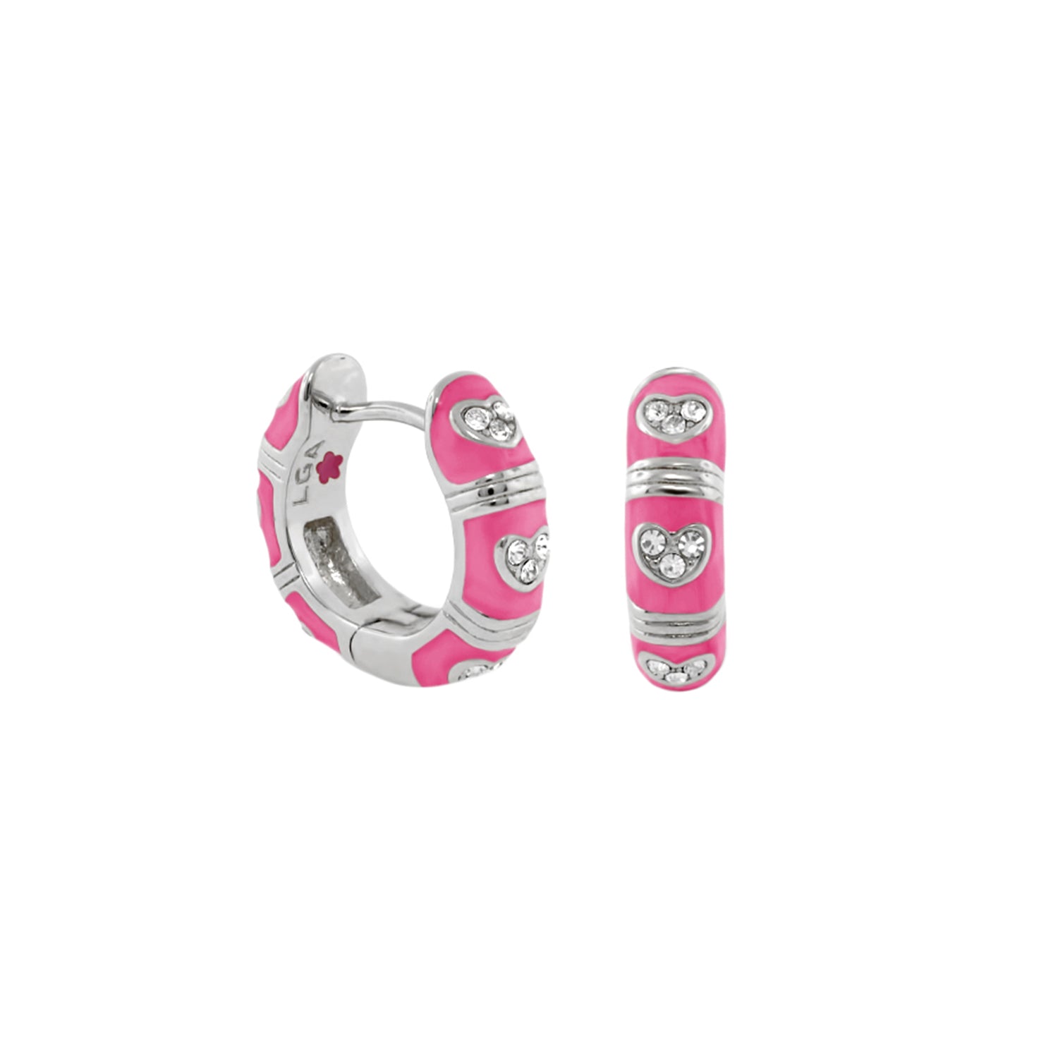 Pave Love pink enamel heart huggie earrings pair with crystal pavé accents in silver tone by Lauren G Adams on Tampa Home & Garden Store